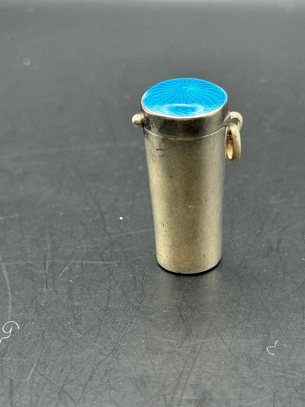 Vintage Sterling Silver Pill Box Charm with blue enamel lid
